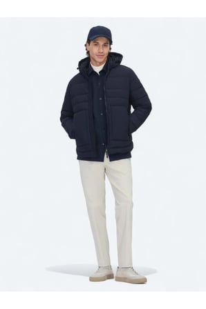 Lacivert Regular Fit Kapüşonlu Casual Dokuma Mont