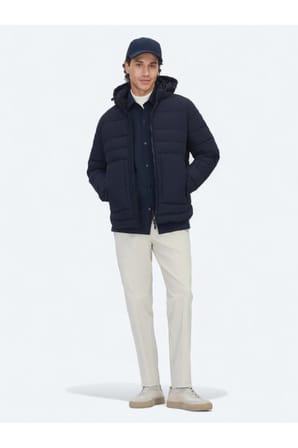 Lacivert Regular Fit Kapüşonlu Casual Dokuma Mont