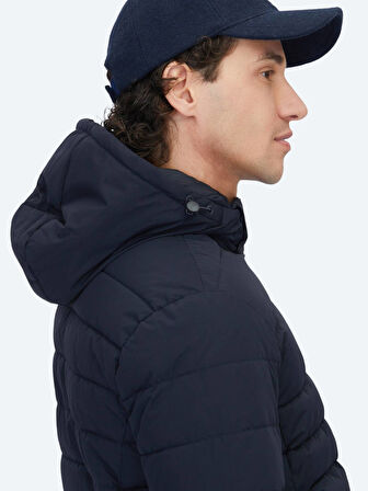 Lacivert Regular Fit Kapüşonlu Casual Dokuma Mont