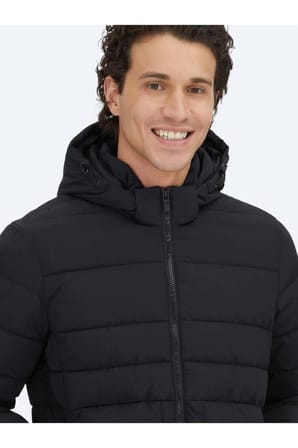 Siyah Regular Fit Kapüşonlu Casual Dokuma Mont