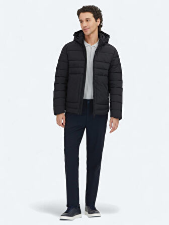 Siyah Regular Fit Kapüşonlu Casual Dokuma Mont