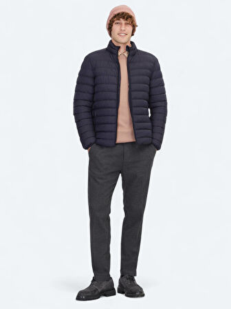 Lacivert Regular Fit Dik Yaka Casual Dokuma Mont