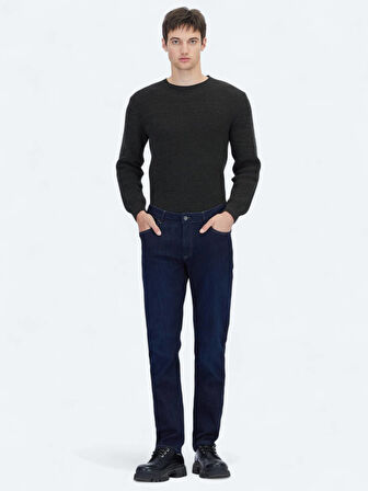 Lacivert Düz Slim Fit Denim Pamuk Karışımlı Pantolon