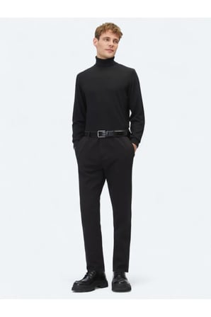 Siyah Dokuma Relaxed Fit Casual Pamuk Karışımlı Pantolon