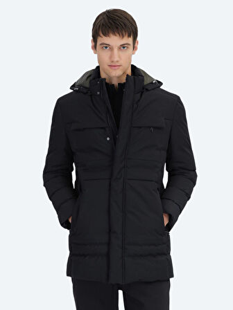 Siyah Regular Fit Kapüşonlu Casual Dokuma Kaban
