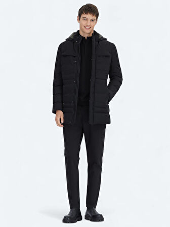 Siyah Regular Fit Kapüşonlu Casual Dokuma Kaban