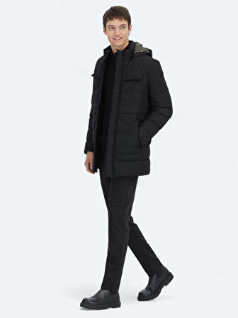 Siyah Regular Fit Kapüşonlu Casual Dokuma Kaban