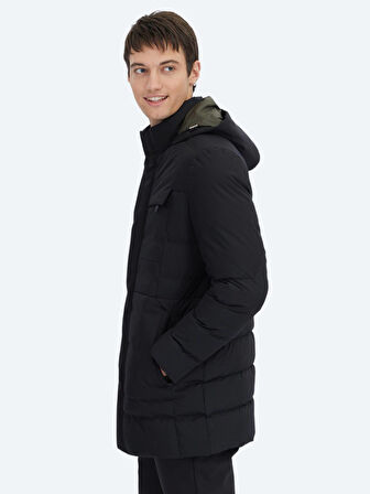 Siyah Regular Fit Kapüşonlu Casual Dokuma Kaban