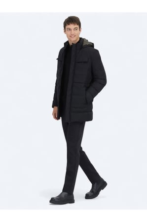 Siyah Regular Fit Kapüşonlu Casual Dokuma Kaban