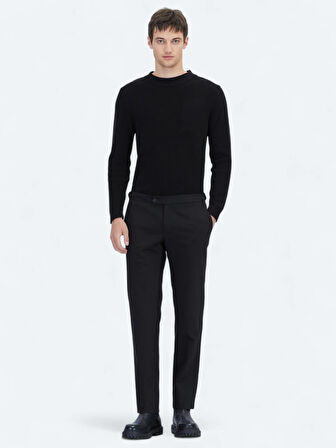 Siyah Dokuma Regular Fit Smart Casual Pamuk Karışımlı Pantolon