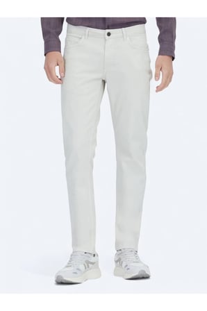Ekru Düz Dokuma Slim Fit Casual Pamuk Karışımlı Pantolon