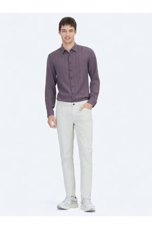 Ekru Düz Dokuma Slim Fit Casual Pamuk Karışımlı Pantolon