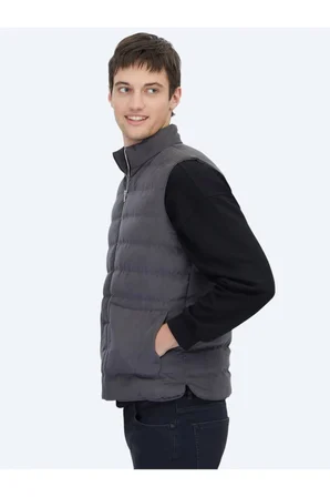 Gri Regular Fit Dik Yaka Casual Dokuma Spor Yelek