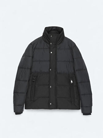 Siyah Regular Fit Kapüşonlu Casual Dokuma Mont