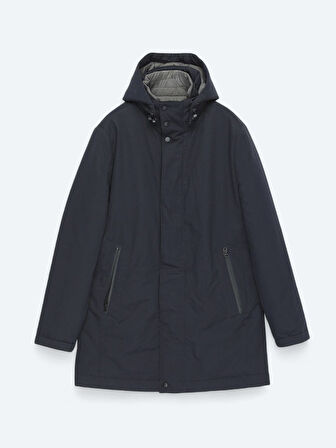 Lacivert Kapüşonlu Casual Dokuma Kaban