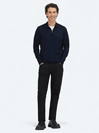 Lacivert Polo Yaka Jakarlı Yün Karışımlı Triko Kazak