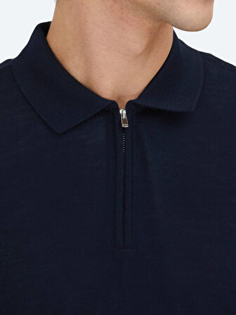 Lacivert Polo Yaka Jakarlı Yün Karışımlı Triko Kazak