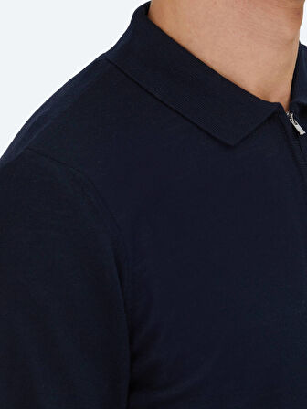 Lacivert Polo Yaka Jakarlı Yün Karışımlı Triko Kazak