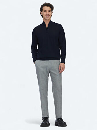 Lacivert Bato Yaka Jakarlı Yün Karışımlı Triko Kazak