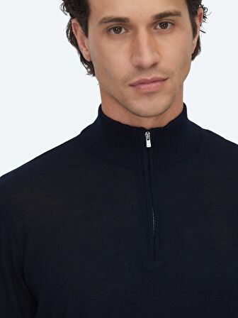 Lacivert Bato Yaka Jakarlı Yün Karışımlı Triko Kazak