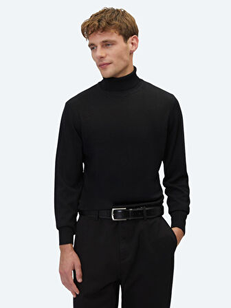 Siyah Tam Balıkçı Yaka Jakarlı Yün Karışımlı Triko Kazak