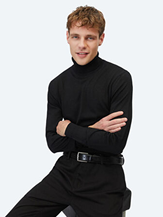 Siyah Tam Balıkçı Yaka Jakarlı Yün Karışımlı Triko Kazak