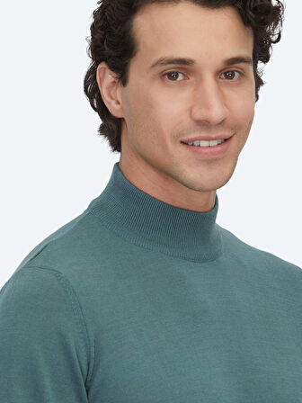 Koyu Mint Yarım Balıkçı Yaka Jakarlı Yün Karışımlı Triko Kazak