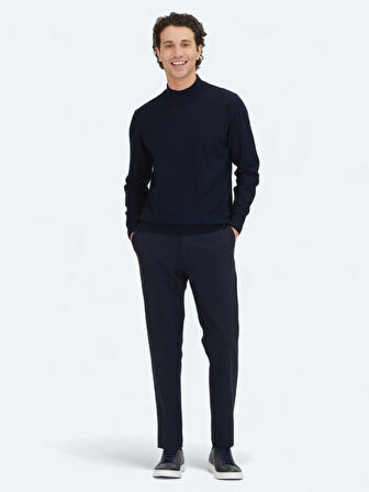 Lacivert Yarım Balıkçı Yaka Jakarlı Yün Karışımlı Triko Kazak