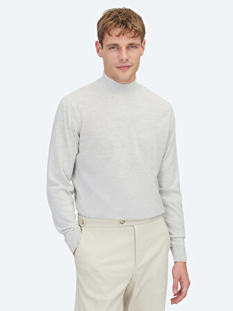 Açık Gri Yarım Balıkçı Yaka Jakarlı Yün Karışımlı Triko Kazak