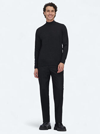 Antrasit Yarım Balıkçı Yaka Jakarlı Yün Karışımlı Triko Kazak