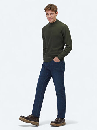 Haki Yarım Balıkçı Yaka Jakarlı Yün Karışımlı Triko Kazak