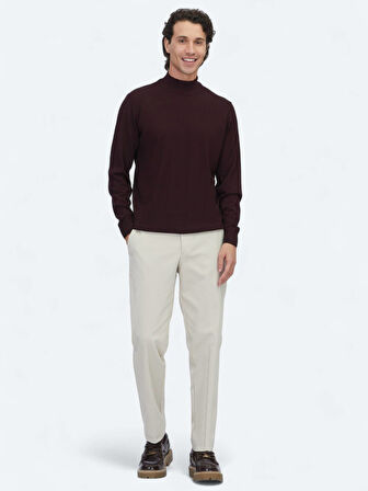 Bordo Yarım Balıkçı Yaka Jakarlı Yün Karışımlı Triko Kazak