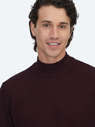 Bordo Yarım Balıkçı Yaka Jakarlı Yün Karışımlı Triko Kazak