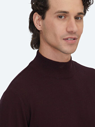 Bordo Yarım Balıkçı Yaka Jakarlı Yün Karışımlı Triko Kazak