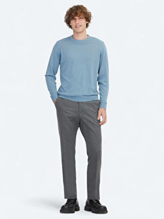 Havacı Mavi Bisiklet Yaka Jakarlı Yün Karışımlı Triko Kazak