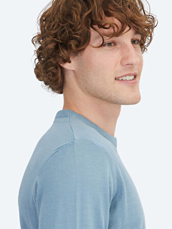 Havacı Mavi Bisiklet Yaka Jakarlı Yün Karışımlı Triko Kazak