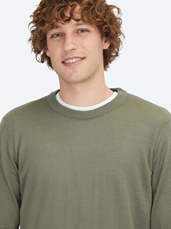 Açık Haki Bisiklet Yaka Jakarlı Yün Karışımlı Triko Kazak