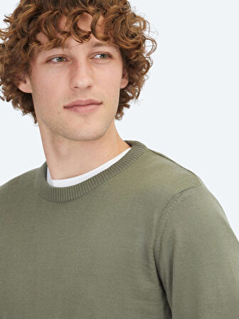 Açık Haki Bisiklet Yaka Jakarlı Yün Karışımlı Triko Kazak