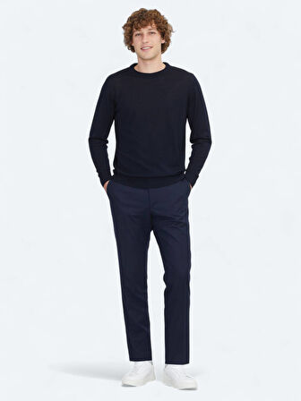 Lacivert Bisiklet Yaka Jakarlı Yün Karışımlı Triko Kazak