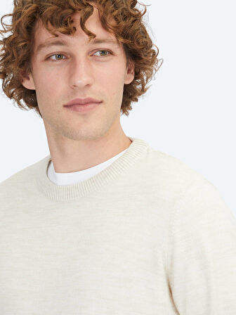 Bej Bisiklet Yaka Jakarlı Yün Karışımlı Triko Kazak