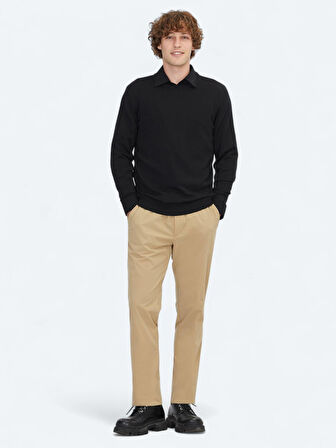 Siyah Bisiklet Yaka Jakarlı Yün Karışımlı Triko Kazak