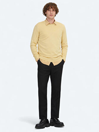 Sarı Bisiklet Yaka Jakarlı Yün Karışımlı Triko Kazak