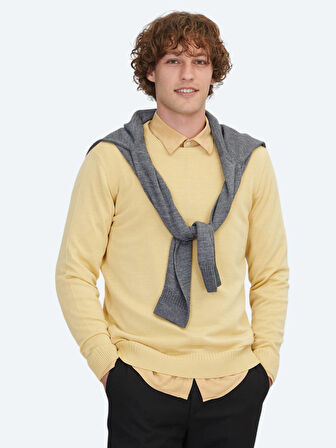 Sarı Bisiklet Yaka Jakarlı Yün Karışımlı Triko Kazak