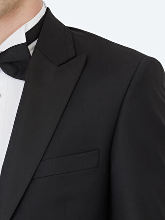 Siyah Düz Slim Fit Kruvaze Yaka Dokuma Smokin Takım Elbise