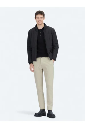 Siyah Regular Fit Dik Yaka Casual Dokuma Mont