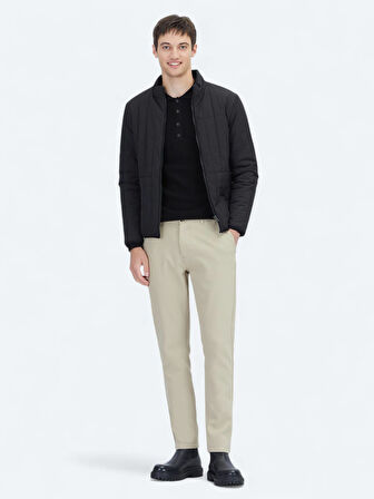 Siyah Regular Fit Dik Yaka Casual Dokuma Mont