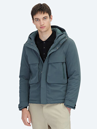 Haki Regular Fit Kapüşonlu Casual Dokuma Mont