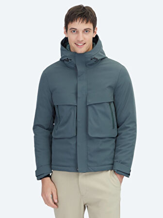 Haki Regular Fit Kapüşonlu Casual Dokuma Mont