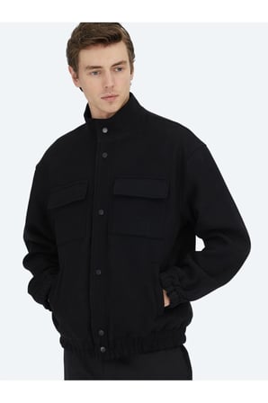 Siyah Comfort Fit Dik Yaka Casual Dokuma Mont