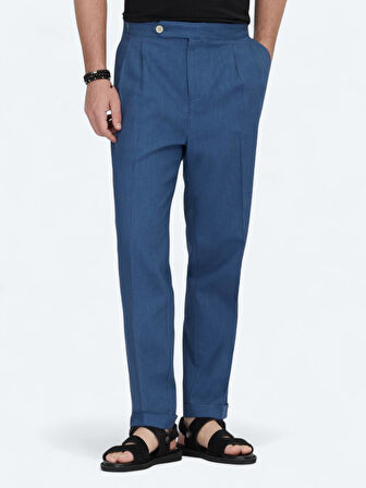 İndigo Dokuma Carrot Fit Casual Pamuk Karışımlı Pantolon